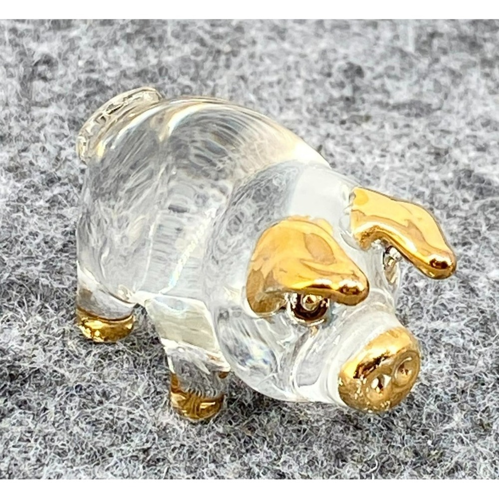 Vintage Glass Pig Tiny Figurine 1.5 Gold Accents Miniature USA Made